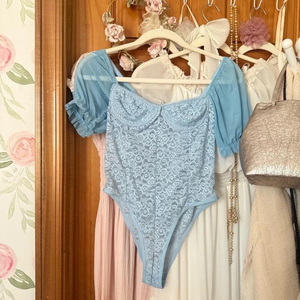 Baby Blue Lace Corset-Esquire Bodysuit - Picture 1 of 6